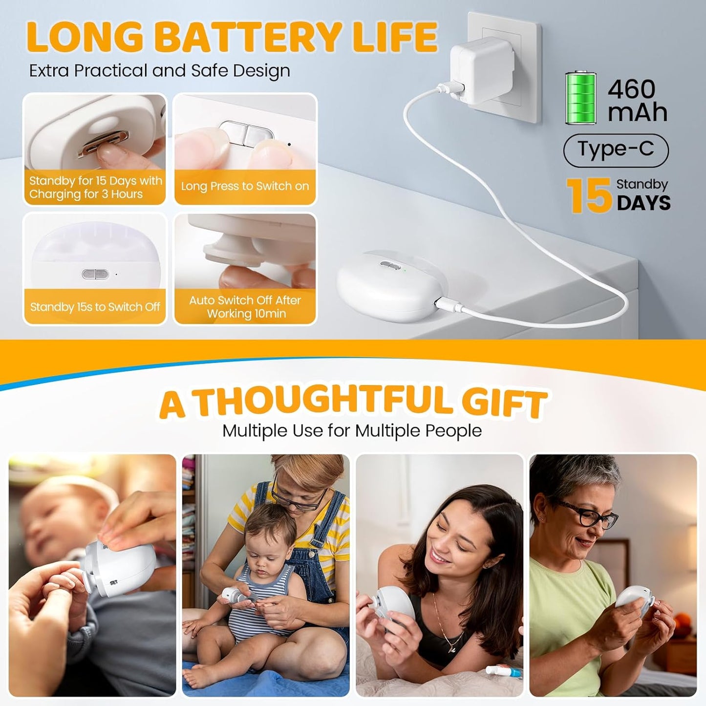 Electric Nail Clipper for Baby with LED Light, 2-in-1 Rechargeable Newborn Nail Trimmer with Scraps Storage, 2 Speeds Nail File for Kid Toddler Infant Adult Nail Care