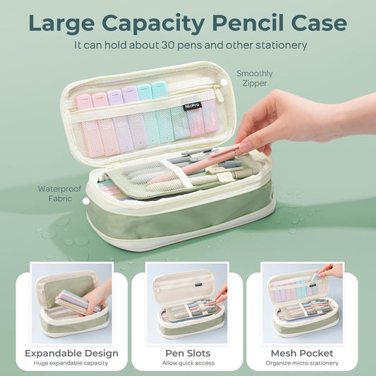 Nicpro 39 PCS Aesthetic School Supplies, Cute Pen Case Stationery Set,Green | 12 Highlighters, 5 Quick Dry Gel Pens, 6 Mechanical Pencils 0.5 & 0.7 mm, Back to School Kit for Student College Essentials