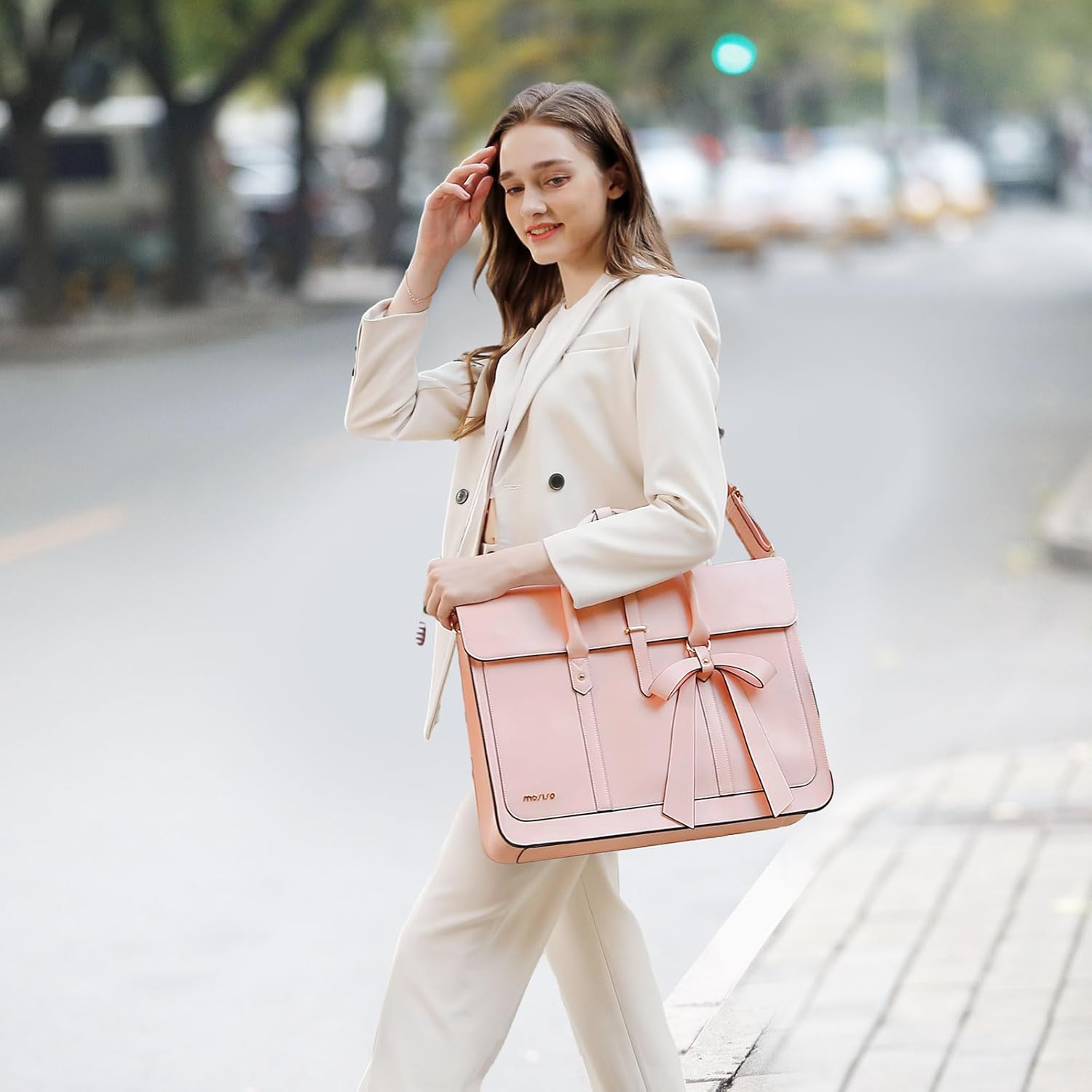 MOSISO Laptop Bag for Women, PU Leather Laptop Shoulder Bag Convertible Backpack, Work Travel Computer Bag with Bowknot - PuriLite