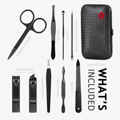 Manicure Set 9 in 1 Stainless Steel, Nail Clippers Scissors Pedicure Tools Kit - Portable Travel Grooming Kit for Men and Women with Black/Red Leather Case (Blue)