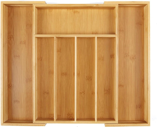 SafeHouseware Bamboo Expandable Cutlery Organizer Tray, Adjustable Utensil and Silverware Drawer Divider, 7 Compartments for Kitchen Flatware, Gadgets, Office or Craft Storage, 11.5"–18" W x 15" D x 2" H - PuriLite