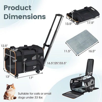 Giantex Rolling Pet Carrier with Wheels, Foldable Cat Carrier with Telescopic Handle, Breathable Mesh Dog Crate with Safety Leash & Washable Pad, Portable Pet Travel Bag for Small Pets up to 33 lbs