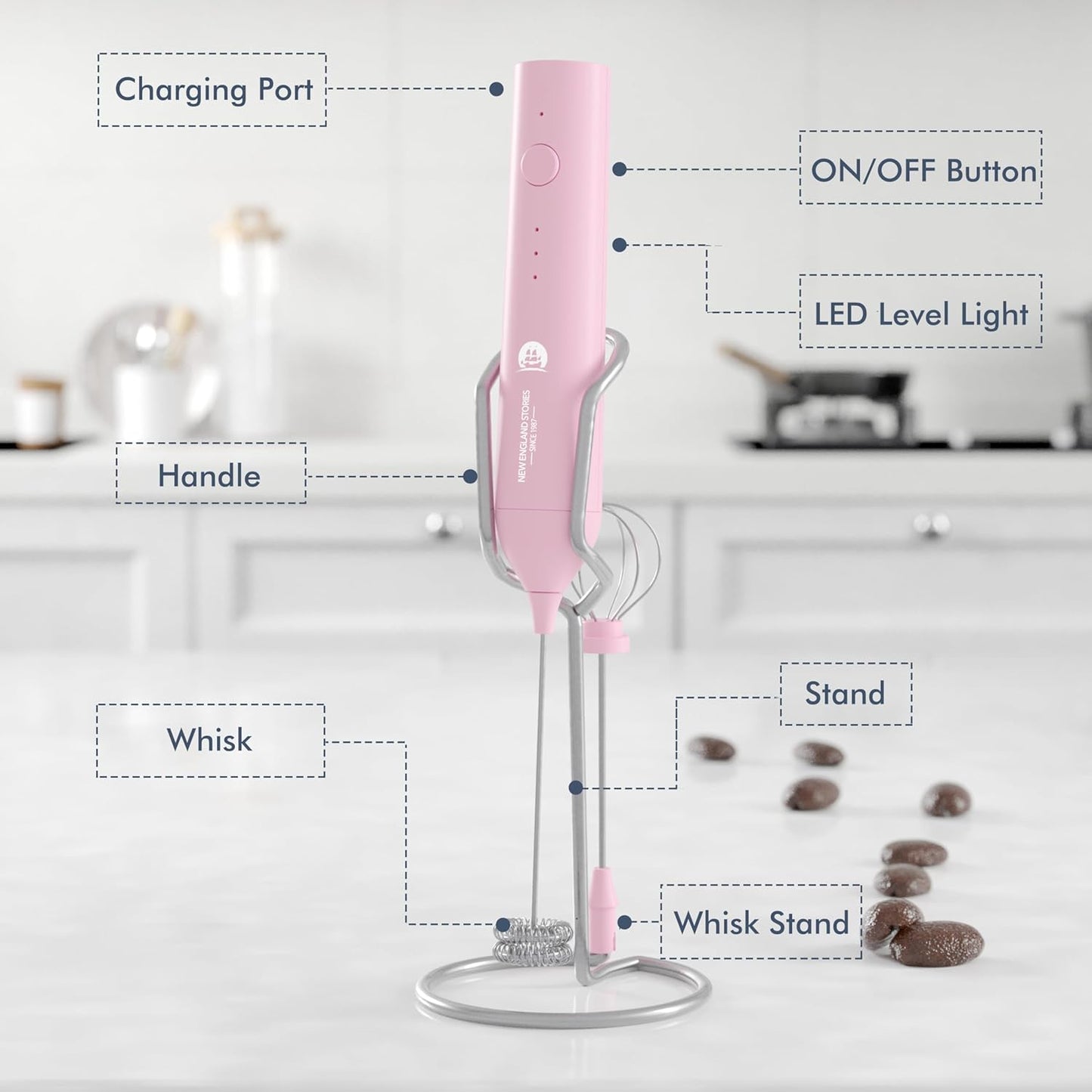 Powerful Milk Frother Handheld Foam Maker, Mini Whisk Drink Mixer for Coffee, Cappuccino, Latte, Matcha, Hot Chocolate, With Stand, Light Purple
