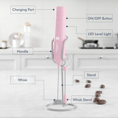 Powerful Milk Frother Handheld Foam Maker, Mini Whisk Drink Mixer for Coffee, Cappuccino, Latte, Matcha, Hot Chocolate, With Stand, Light Purple