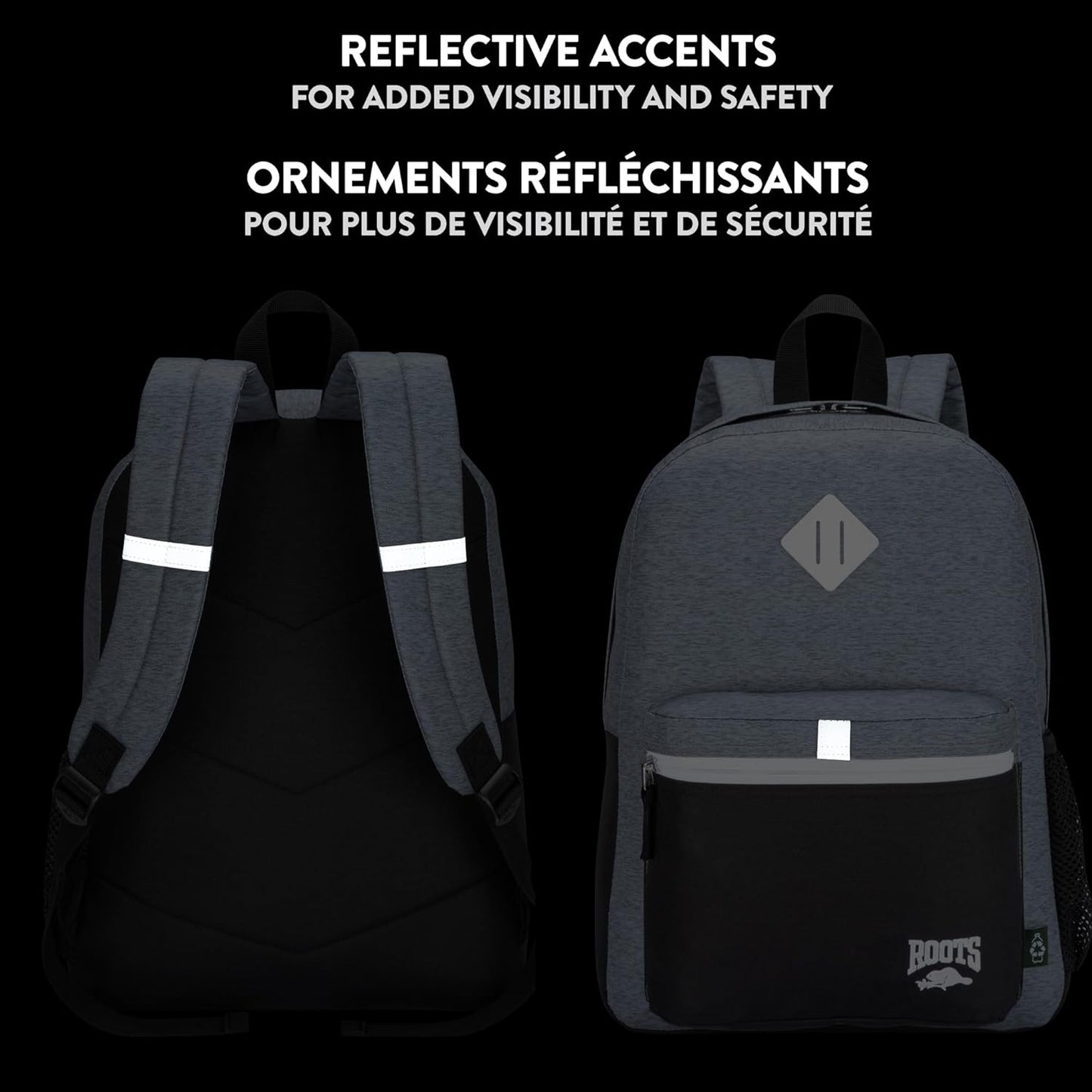 Roots Kids Lightweight Backpack — Made from 100% Recycled Fabrics with Rain Flap, Bottle Pocket, Reflective Accent, and Back Padding — 22.5 litres, Pink & Purple