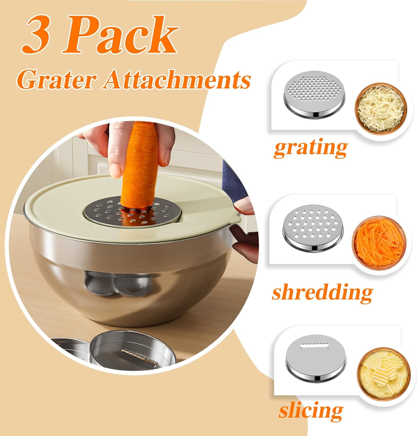 Winproper Mixing Bowls with Lids Set, 6 PCS Stainless Steel Mixing Bowl with 3 Grater Attachments, Kitchen Food Storage Organizers Nesting Mixing Bowl, Large Size 4.5, 3.5, 2.1, 1.5, 1.1, 0.7QT