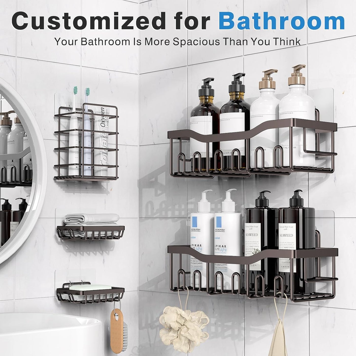 EUDELE 5-Pack Rustproof Stainless Steel Shower Caddy – No Drill Adhesive Bathroom Organizer with Large Capacity, Spacious Shower Shelves for Inside Shower, Kitchen & Home Decor Storage
