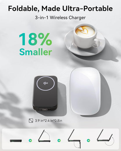 INIU 3 in 1 Wireless Charging Station, Qi2 Certified 15W Travel Charger for Apple Multiple Devices, Foldable Charger Stand for iPhone 16 15 14 13 12 Series Apple Watch AirPods (with Adapter)