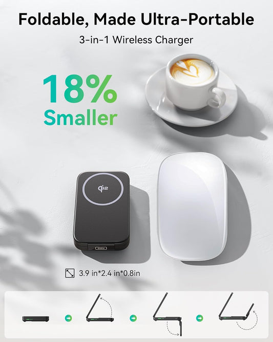 INIU 3 in 1 Wireless Charging Station, Qi2 Certified 15W Travel Charger for Apple Multiple Devices, Foldable Charger Stand for iPhone 16 15 14 13 12 Series Apple Watch AirPods (with Adapter) - PuriLite