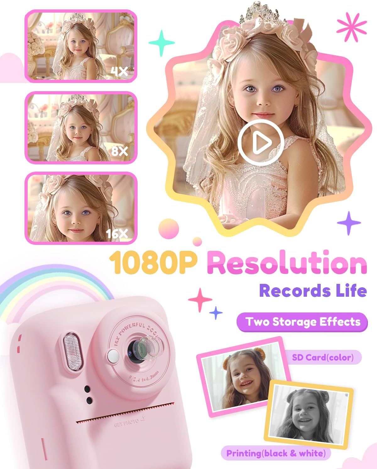 Pussan Kids Camera Instant Print, 1080P Instant Print Camera Toys for 3-12 Year Old Girls, Christmas Birthday Gifts for Age 3 4 5 6 7 Girls, Kids Digital Camera Toys with 3 Rolls Print Paper-Pink
