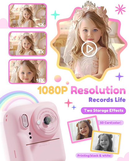 Pussan Kids Camera Instant Print, 1080P Instant Print Camera Toys for 3-12 Year Old Girls, Christmas Birthday Gifts for Age 3 4 5 6 7 Girls, Kids Digital Camera Toys with 3 Rolls Print Paper-Pink