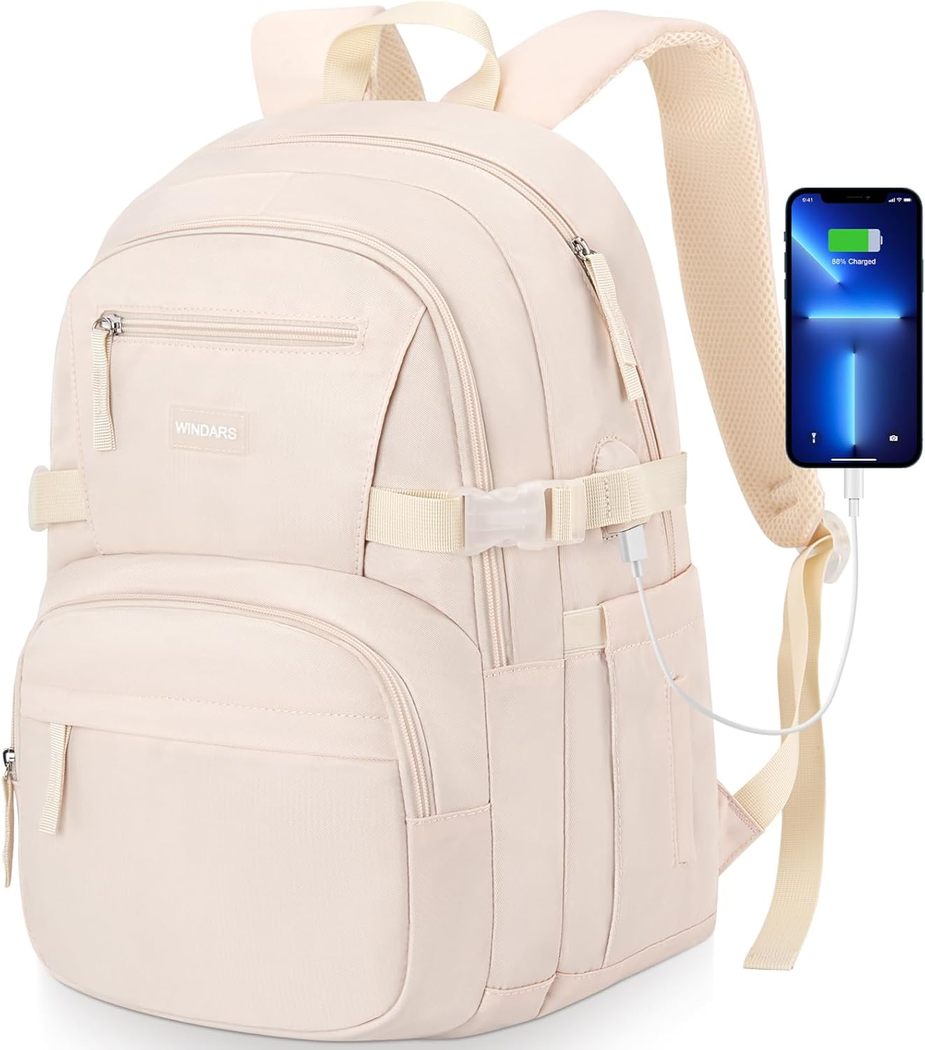 WINDARS Backpack for School Girls, Cute High School Backpacks for Teens Women Student Large Bookbag 15.6 Inch Laptop Bag with USB Charger Port for College Work Travel Trip (Beige Khaki)