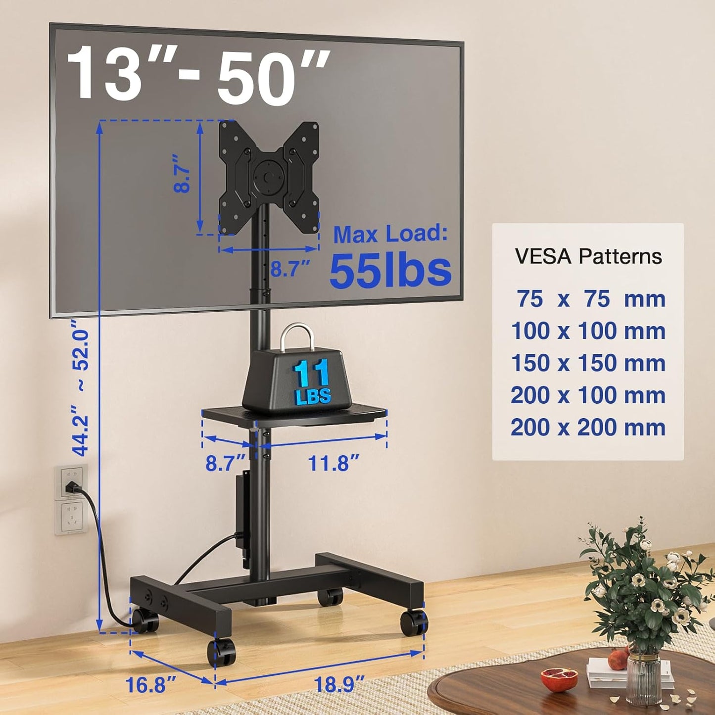 Rfiver Mobile TV Stand with Power Outlet, Rolling TV Stand for 13-50 Inch LCD LED Flat Panel Curved Screen, Tilting and Rotating Mount, Portrait to Landscape, Holds up to 55lbs, Max VESA 200x200mm