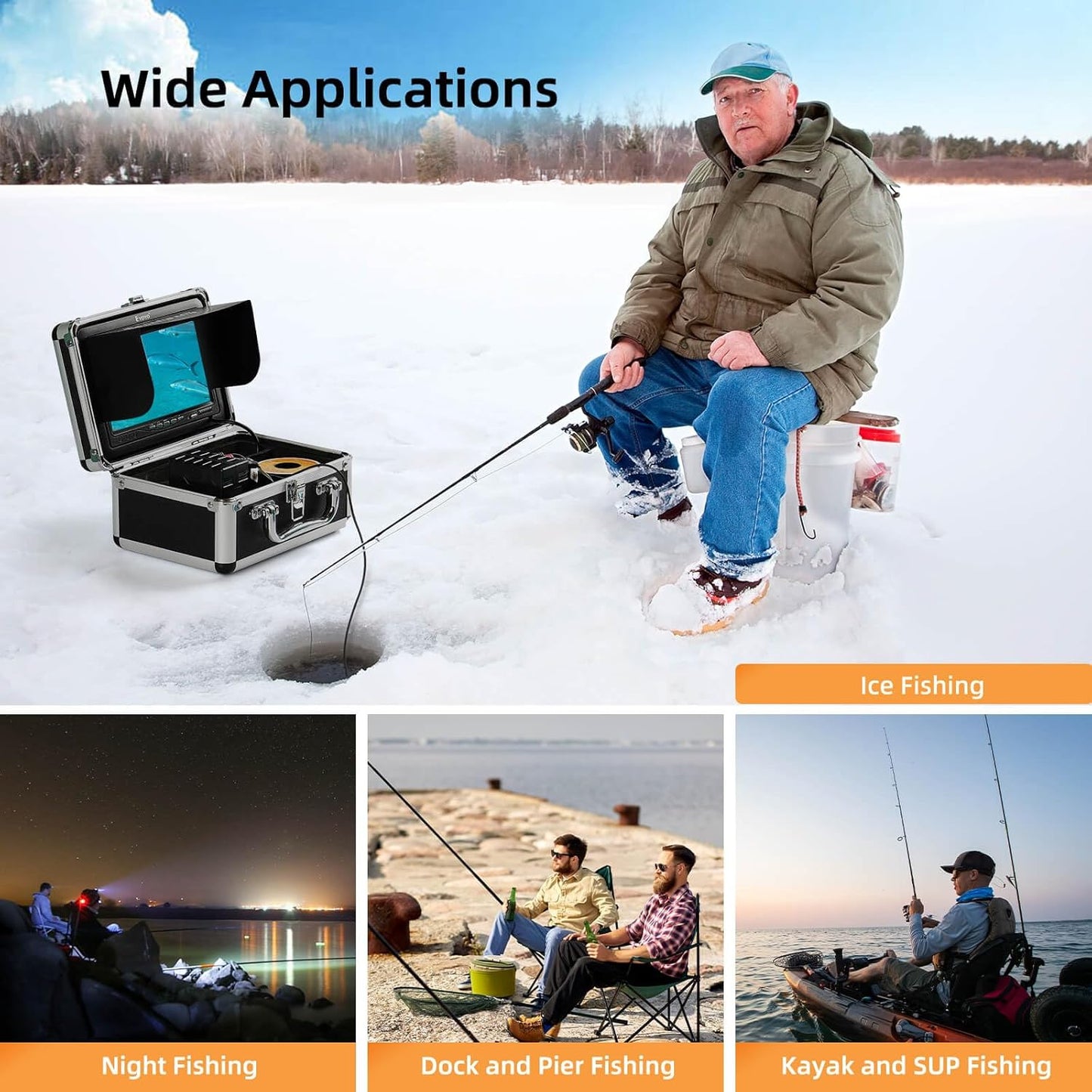 Eyoyo Underwater Fishing Camera Video Fish Finder - 7" Monitor, 1000TVL Camera With 12 White Lights, 30m Cable for Sea/River/Ice Fishing