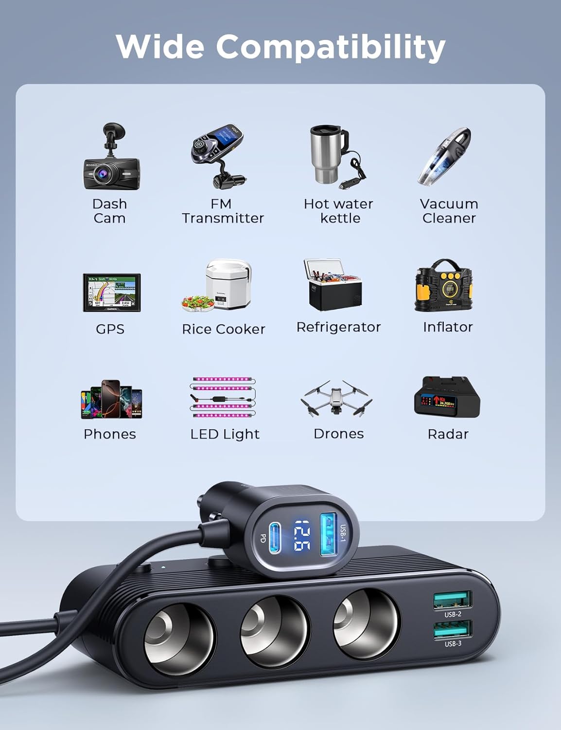 [Upgraded 179W] 7 in 1 Cigarette Lighter Adapter, JOYROOM Car Charger Adapter with PD30W Charge(3.3FT Cable), 24V/ 12V Cigarette Lighter Splitter with Independent Switches & LED Voltage Display