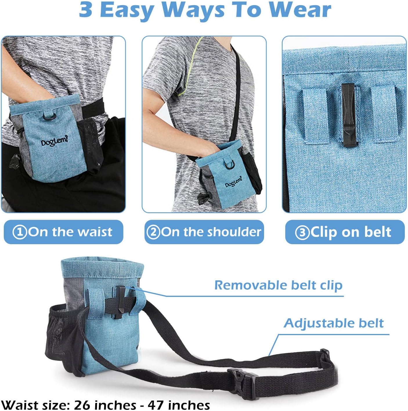 Dog Treat Pouch with Adjustable Waist Belt,Portable Dog Treat Bag for Training,Dog Walking Bag with Opening of Poop Bag,Outdoor Multi-Function Pet Feed Snack Reward Pocket with Magnetic Closure(Blue)
