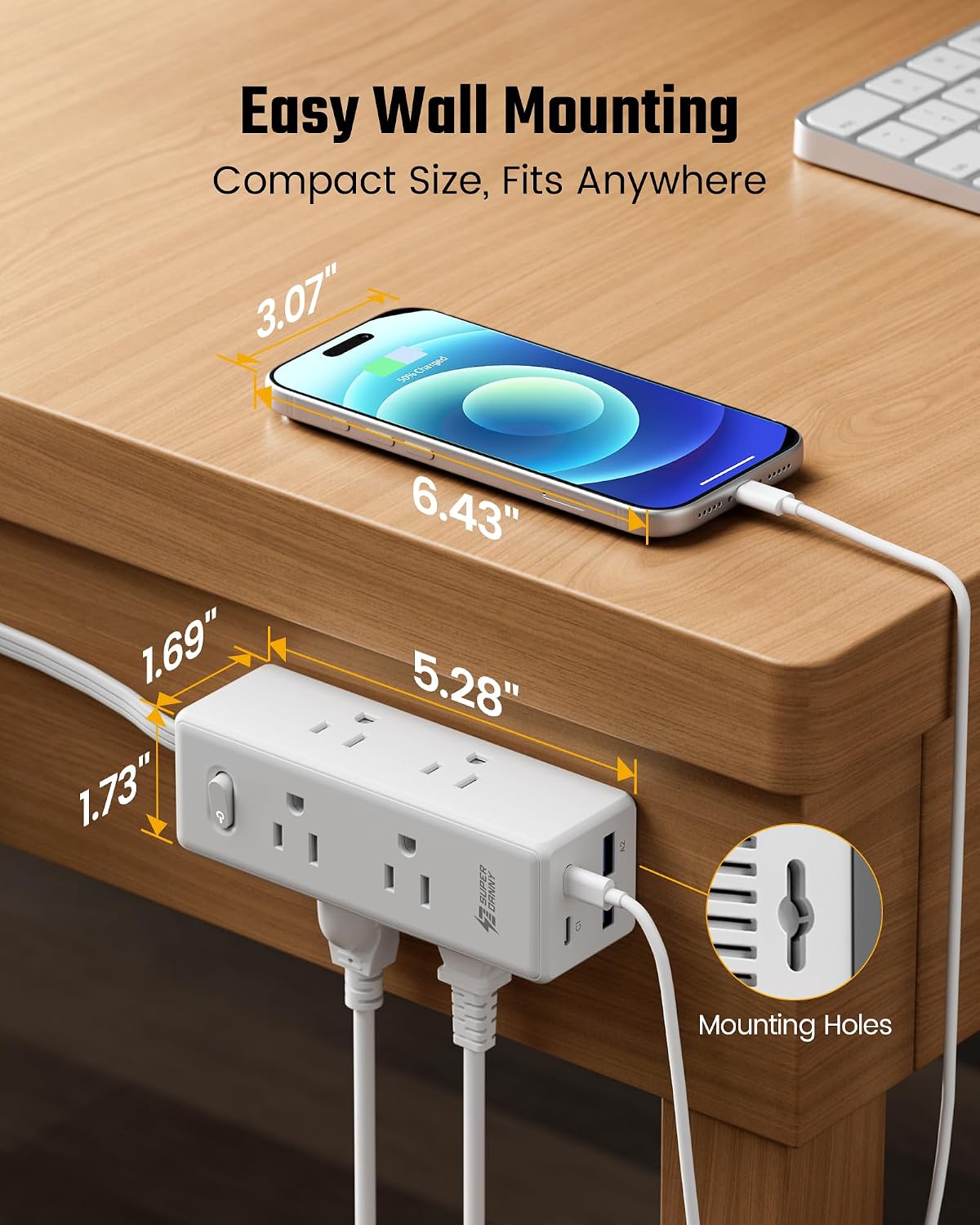 10 Ft Extension Cord, Surge Protector Power Bar with 6 Outlets & 4USB Ports (2 USB 2 C), Mountable Flat Plug Power Strip, Surge Protection for Home, Office, Dorm