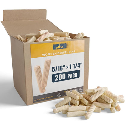 ALBO Wooden Dowel Pins 100 Pack Assorted Sizes 1/2 + 3/8 + 5/16 + 1/4 inch Fluted Wood Dowels Rods Hardwood Crafts Dowel Pegs
