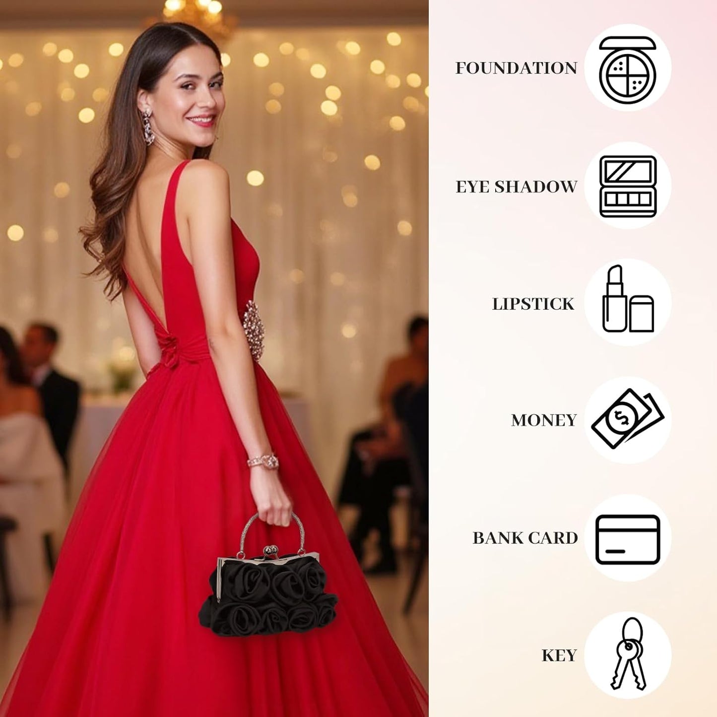 kilofly Missy K 7 Roses Clutch Purse, Satin, with Detachable Strap + kilofly Money Clip