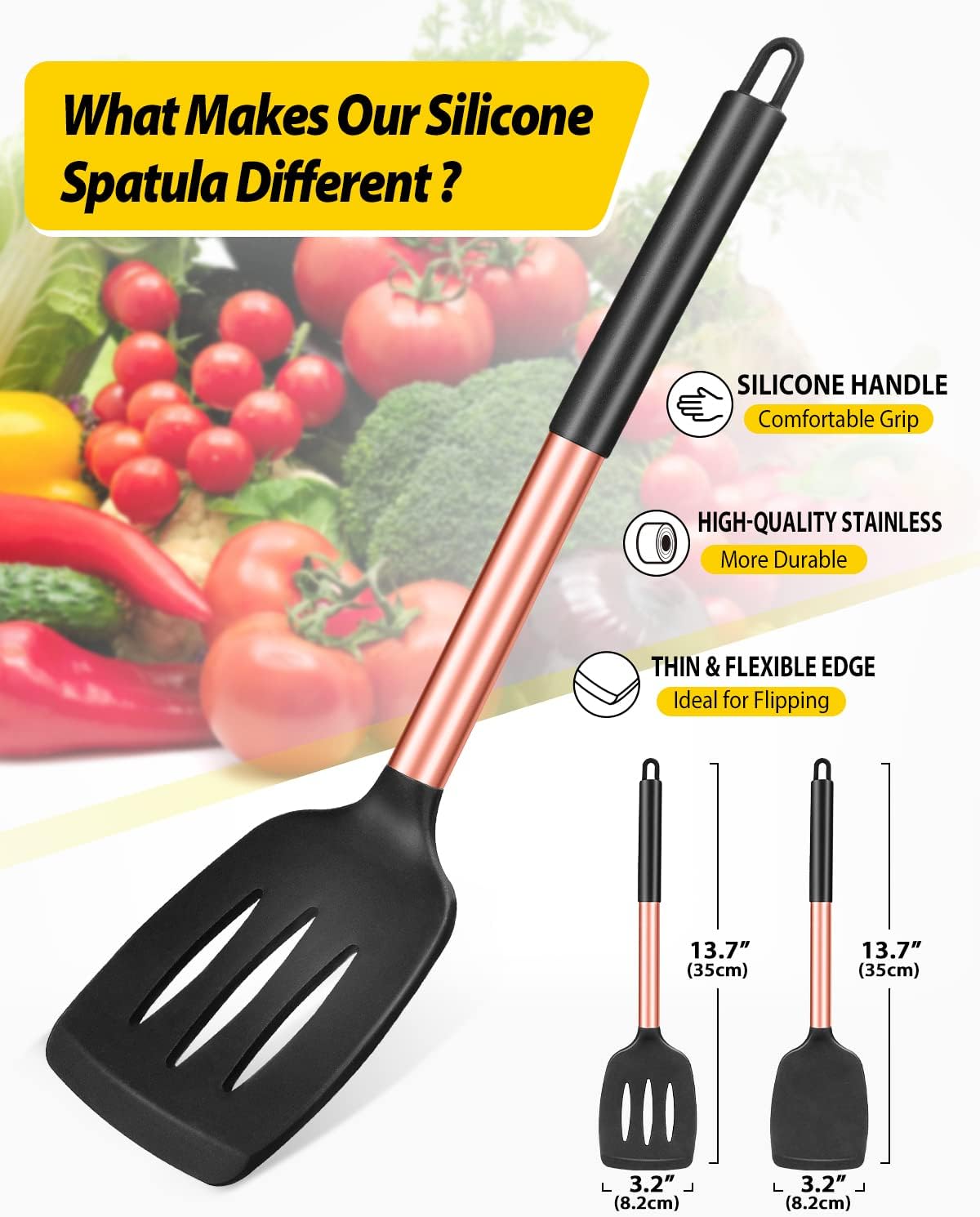 Pack of 2 Silicone Slotted Spatula,Non Stick Solid Kitchen Turner, High Heat Resistant BPA Free Cooking Utensils for Fish, Eggs, Pancakes（Black