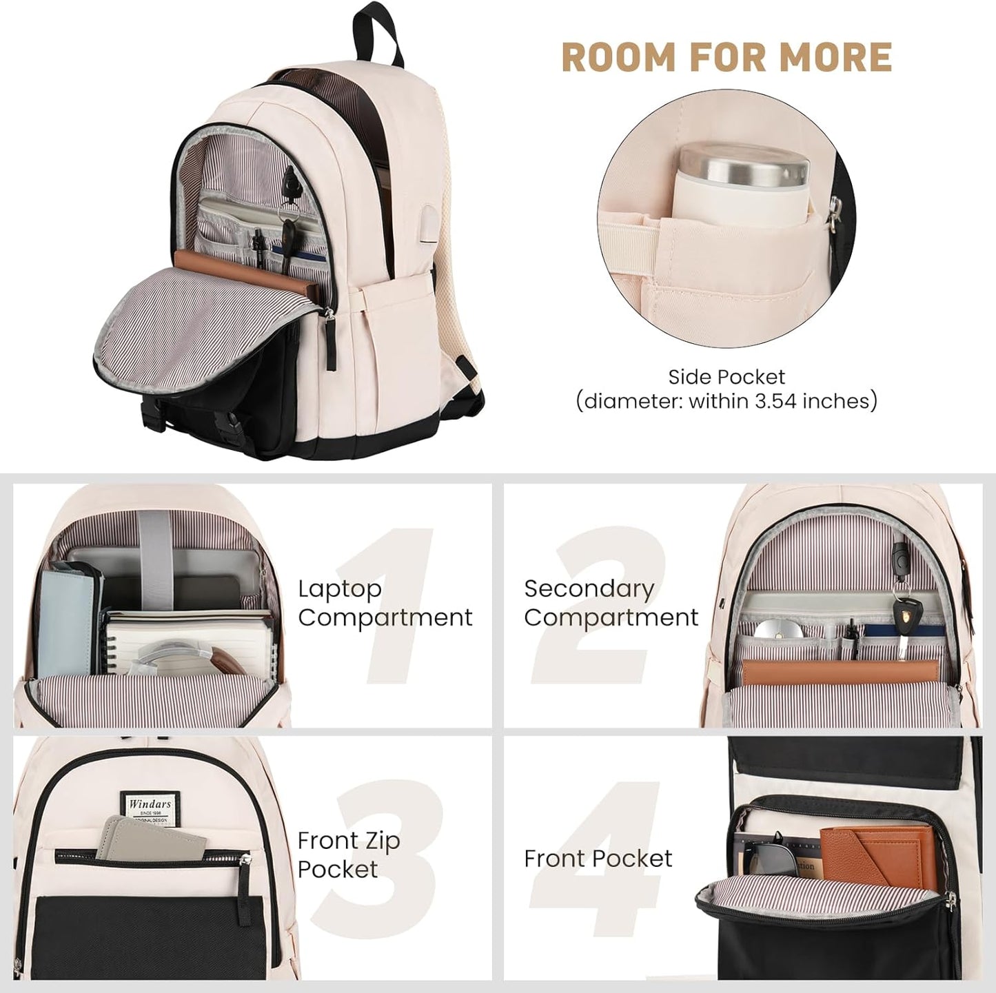 WINDARS School Backpack for Teen Girls, Cute College Backpacks for Women Students Aesthetic Bookbag Large 15.6 Inch Laptop Bag Middle School Travel Back Pack (Khaki Beige)