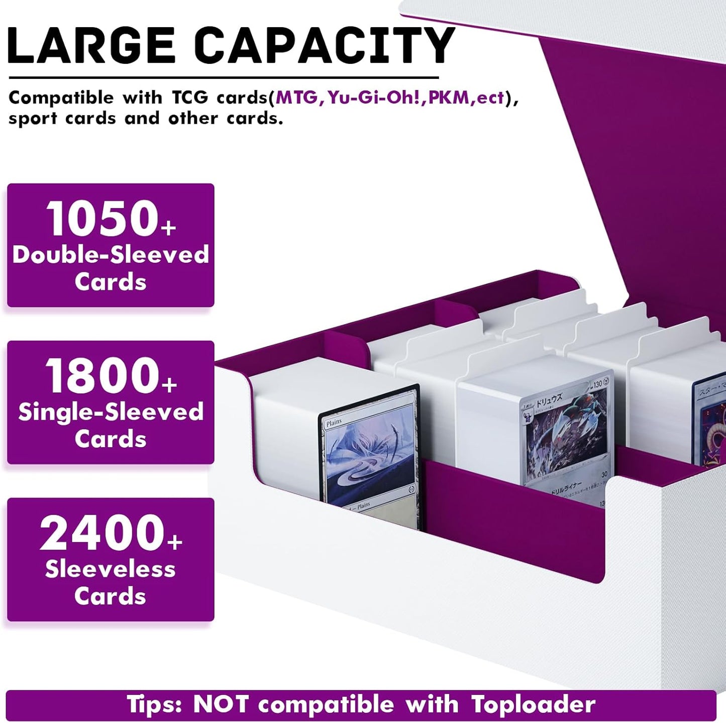 ZLCA Card Storage Box for MTG PTCG, Commander Deck Box Holds 3000+ Cards, Card Storage Case with 4 Stoppers, Card Organizer for TCG Sport Cards (Black)