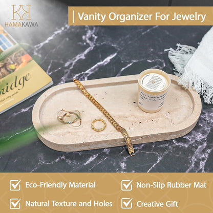 HAMAKAWA Bathroom Vanity Tray, Natural Marble Oval Sink Tray 10 Inch, Beige Travertine Vanity Tray for Soap Dispenser Modern Countertop Organizer for Kitchen Countertops, Home Decor