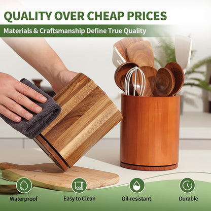 Wooden Utensil Holder | Rotating Utensil Organizer | Kitchen Counter Storage Crock | Farmhouse Countertop Decor | Cooking Utensil Stand - PuriLite