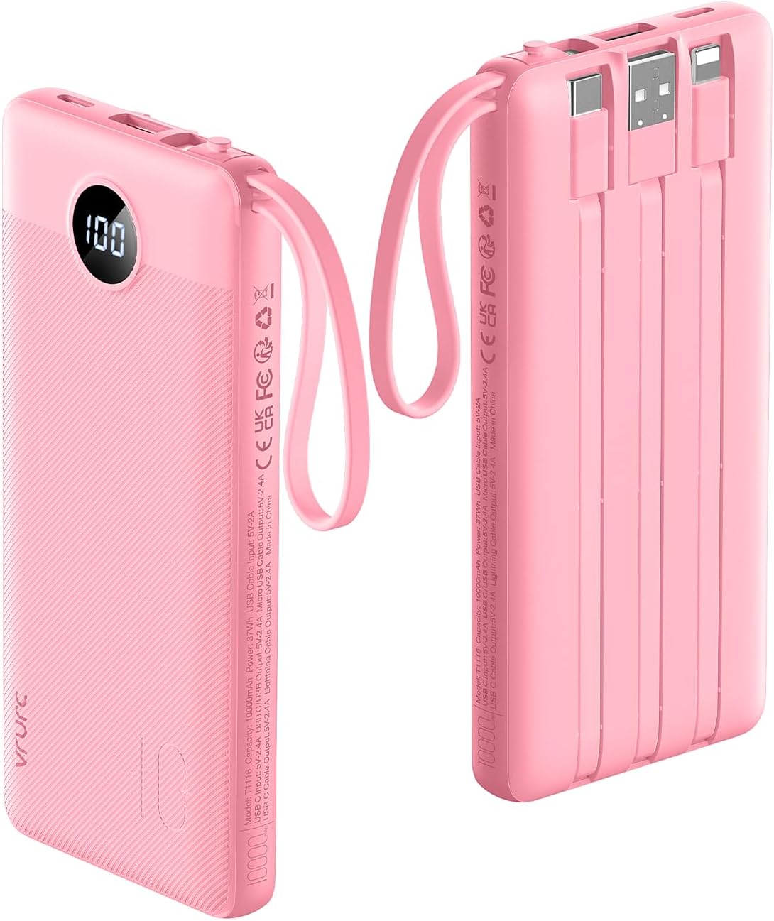 VRURC 10000mAh Power Bank Built-in Cables, Portable Charger with LED Display, Slim Intelligent Travel Battery Pack with Cords, 5 Output Dual Input Phone Charger for Cell Phone Smart Devcies-Blue