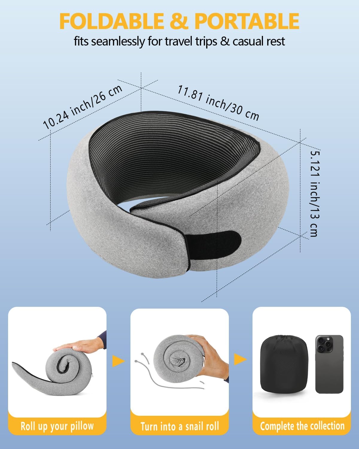 Memory Foam Travel Neck Pillow for Airplane & Car（Soft Grey）