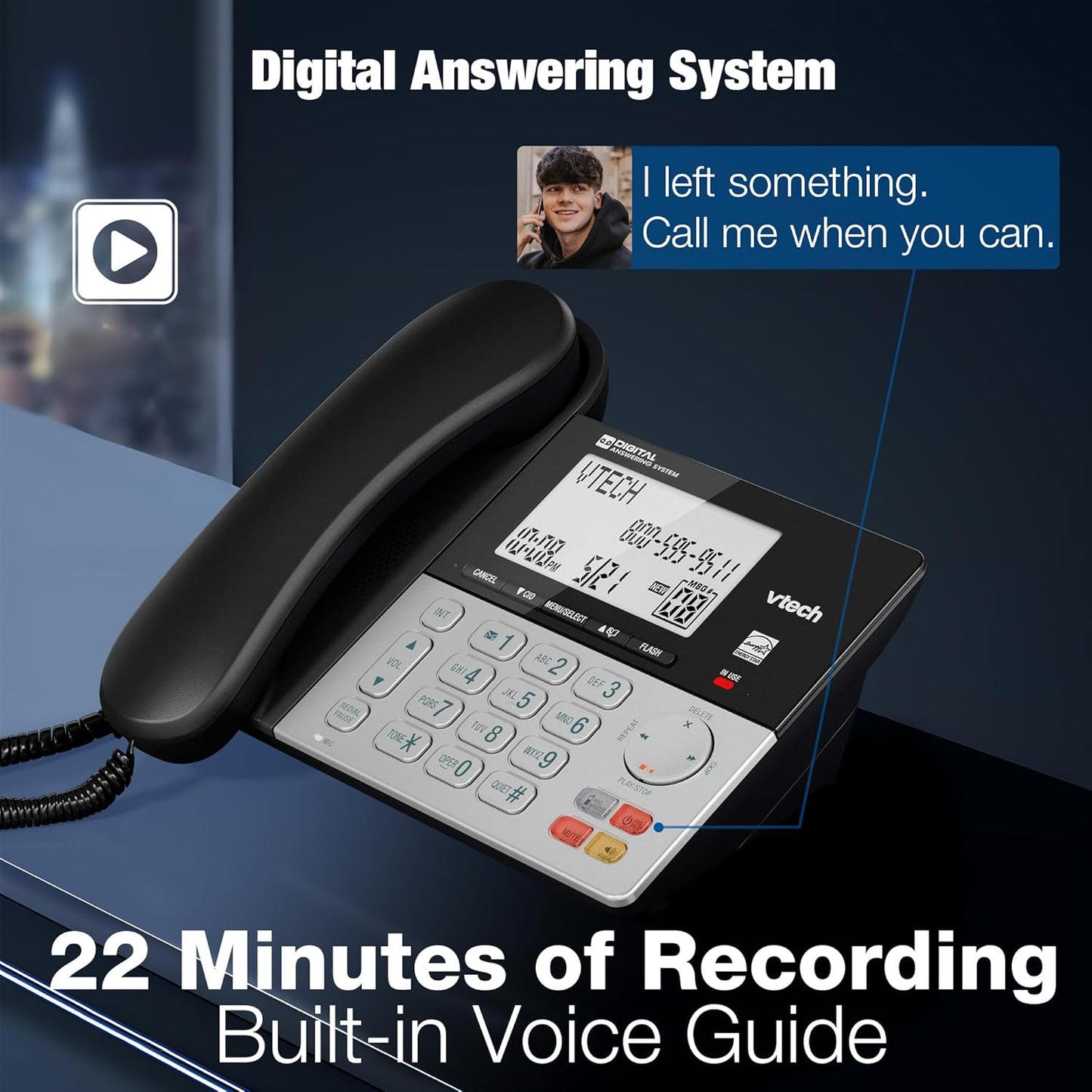 VTech DECT 6.0 1-Handset Corded/Cordless Phone for Home with Answering Machine, Call Blocking, Caller ID, Large Backlit Display, Duplex Speakerphone, Intercom, Landline Line-Power: VG208