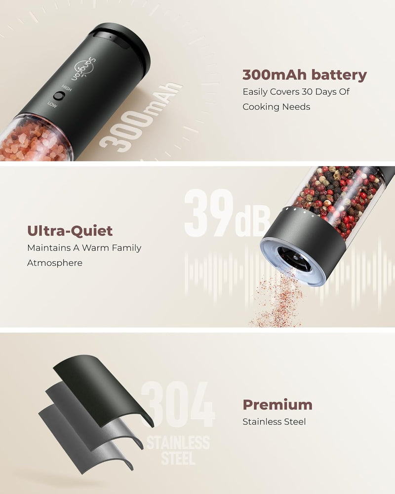 Sangcon 2-Speed Rechargeable Electric Salt and Pepper Grinder Set, 6 External Adjustable Coarseness Levels, Automatic Salt & Pepper Mill Shakers Set with Storage Base, One-Handed Operation, Silver