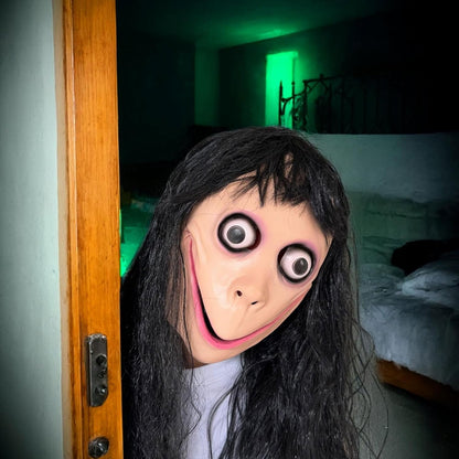 Scary Momo Mask with Long Black Wig - Latex Halloween Costume for Adults - Creepy Face Mask for Parties & Haunted Houses