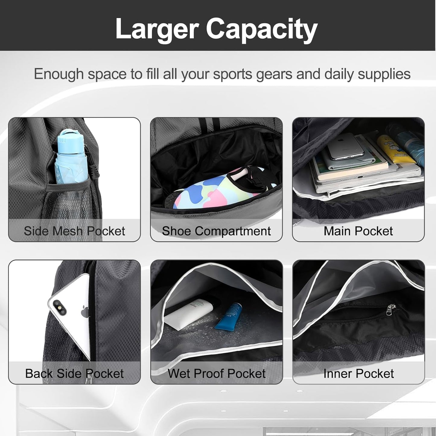 Hoedia Sports Drawstring Backpack - String Swim Gym Bag with Shoes Compartment and Wet Proof Pocket for Women/Men