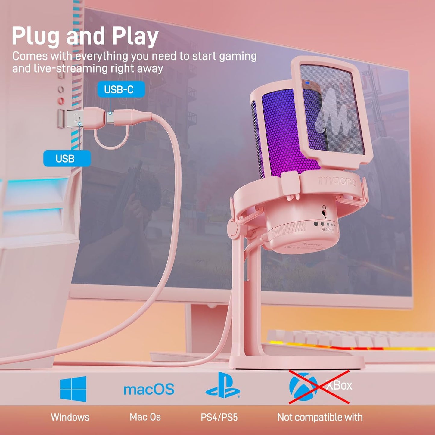 MAONO Gaming USB Microphone, Noise Cancellation Condenser mic with Mute, Gain, Monitoring, Boom Arm for Streaming, Podcast, Vocal, Twitch, YouTube, Discord, PC, Computer, PS4, PS5, Mac, DGM20S