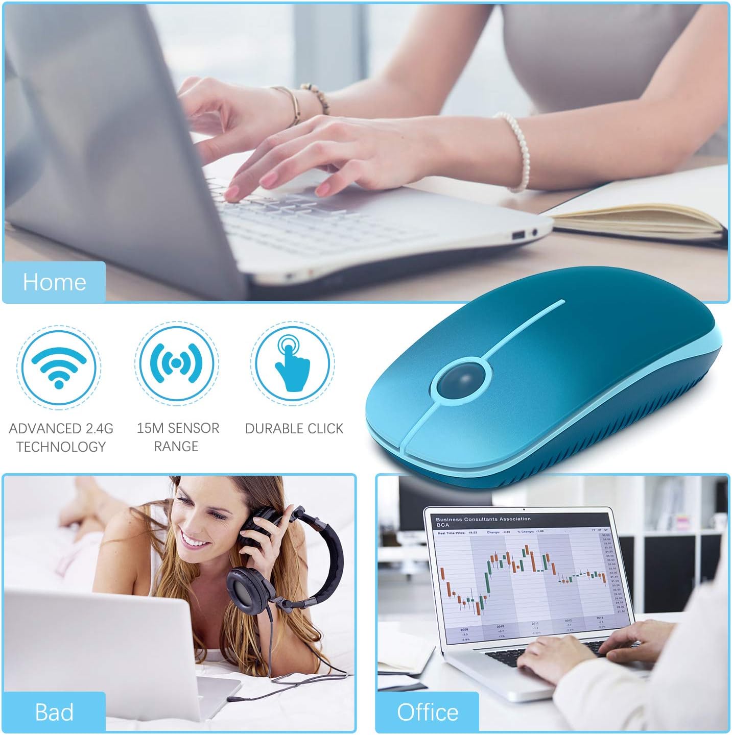 Wireless Mouse, Vssoplor 2.4G Slim Portable Computer Mice with Nano Receiver for Notebook, PC, Laptop, Computer (Black and Sapphire Blue)
