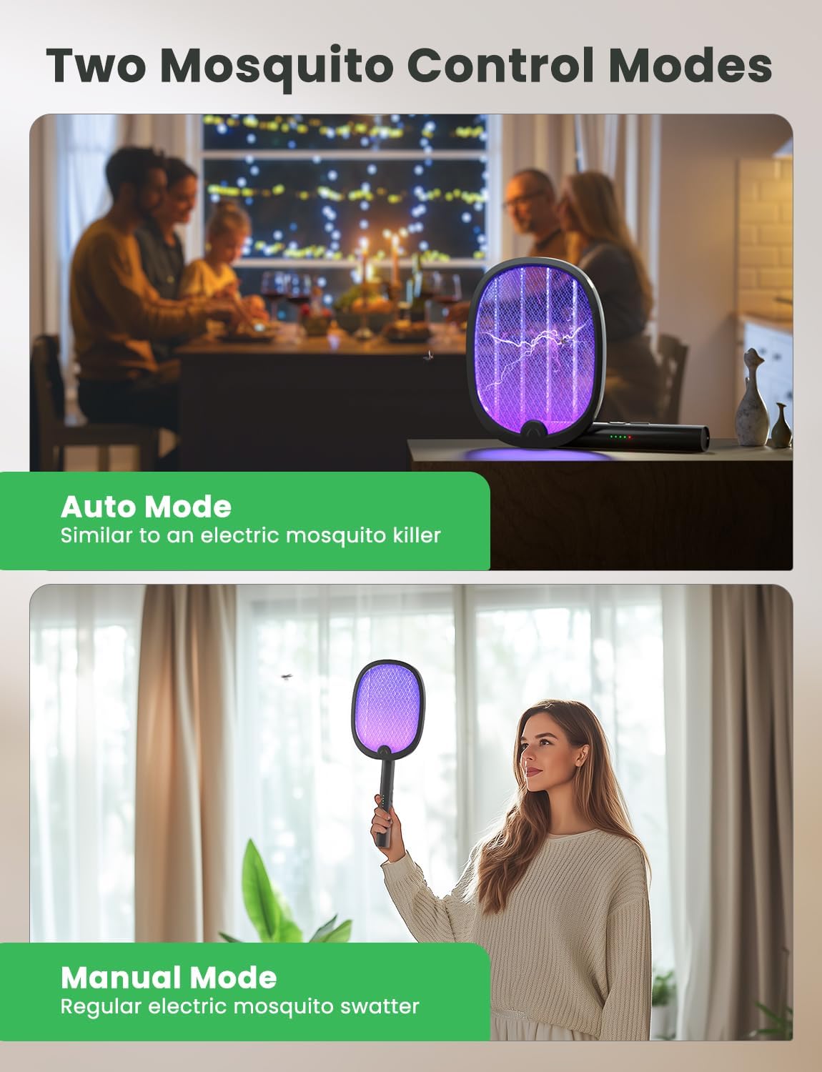 YISSVIC Bug Zapper Racket 4000 Volt Electric Fly Swatter Fly Zapper Dual Modes with Attractant Light Rechargeable White