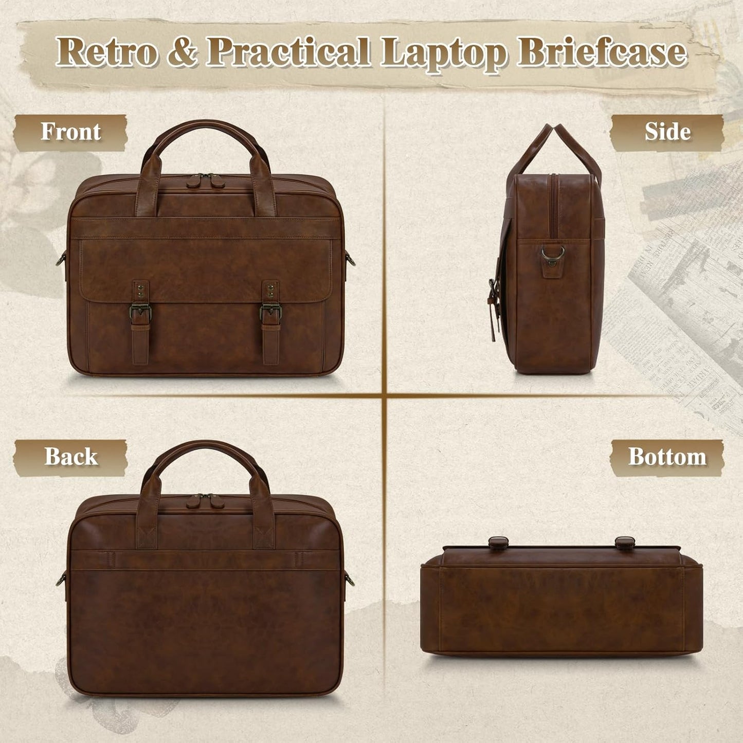 RAINSMORE Messenger Bag for Men 16 Inch Laptop Bag Vintage Leather Waterproof Laptop Briefcases Large Computer Satchel Bag - PuriLite