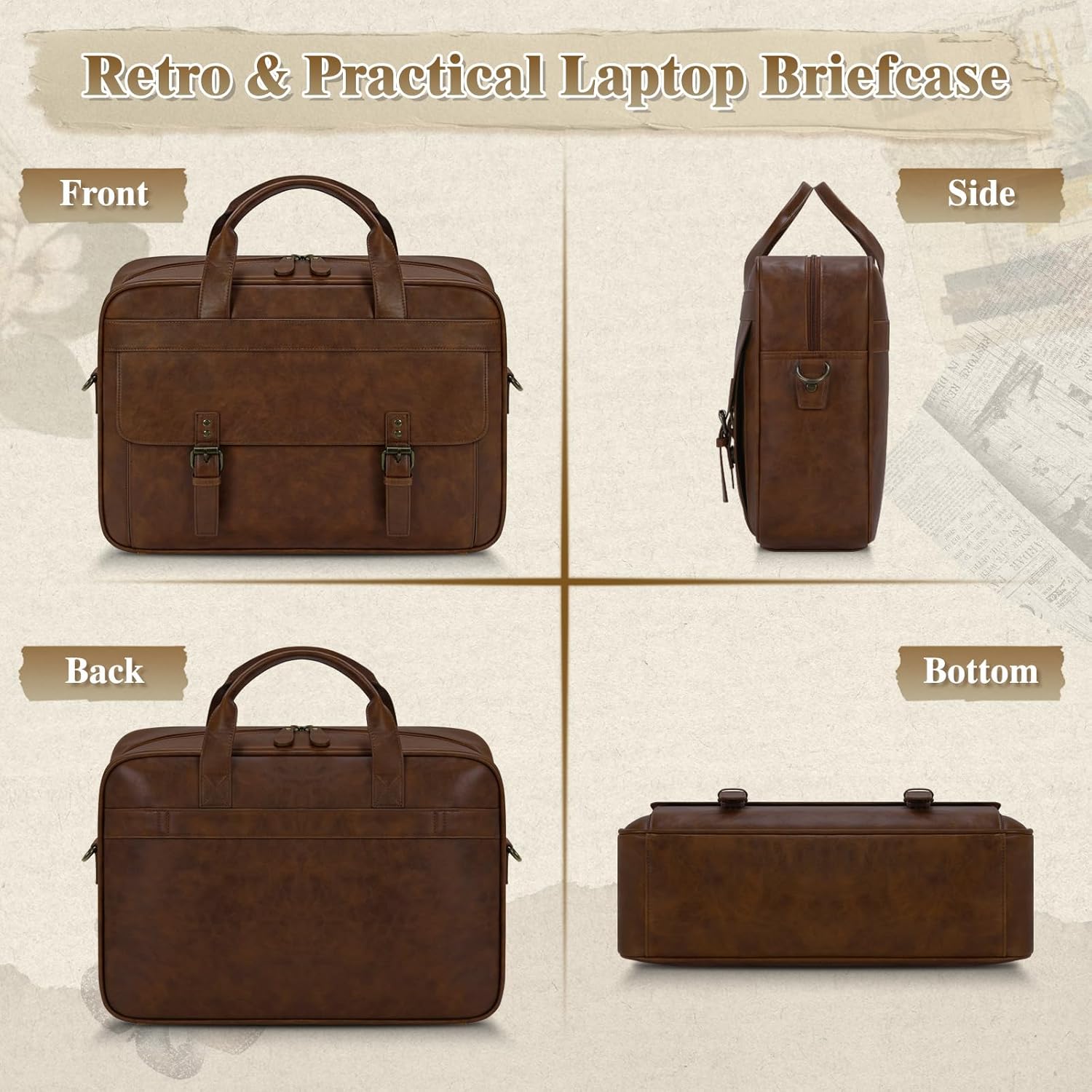 RAINSMORE Messenger Bag for Men 16 Inch Laptop Bag Vintage Leather Waterproof Laptop Briefcases Large Computer Satchel Bag - PuriLite