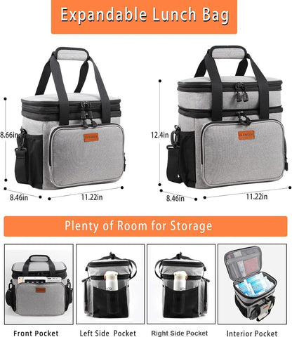 Expandable Large Lunch Bag, Double Deck Insulated Lunch Box Leakproof Durable Soft Cooler Bag for Men Women Adults Work Construction Beach Picnic Daytrip,16L,Black, GLENKEY