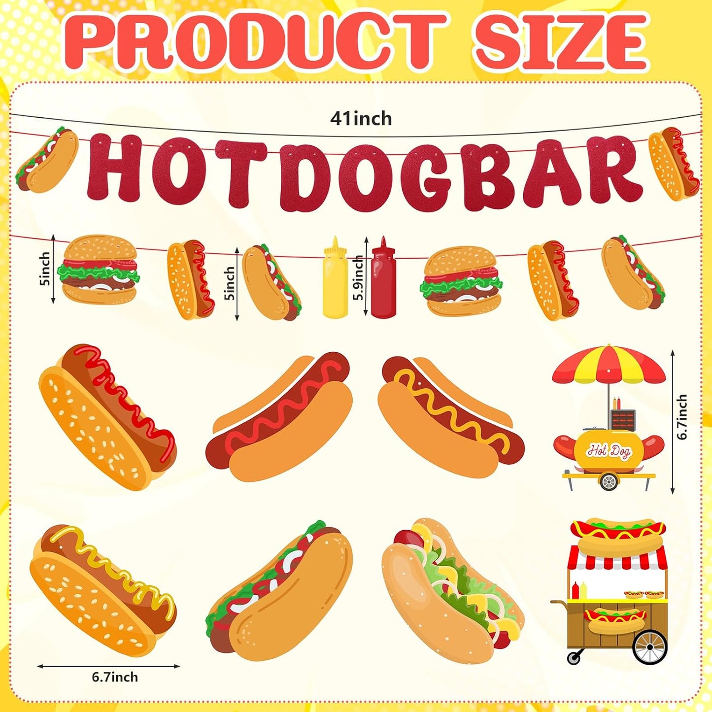 10Pcs Hot Dog Party Decorations - Hot Dog Bar Supplies Include 2 Hotdog Banners and 8 Swirl Decorations Hanging for Birthday Party, Hot Dog Food Party Decor Supplies Gold Red