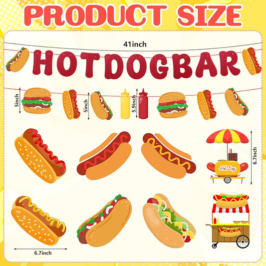 10Pcs Hot Dog Party Decorations - Hot Dog Bar Supplies Include 2 Hotdog Banners and 8 Swirl Decorations Hanging for Birthday Party, Hot Dog Food Party Decor Supplies Gold Red