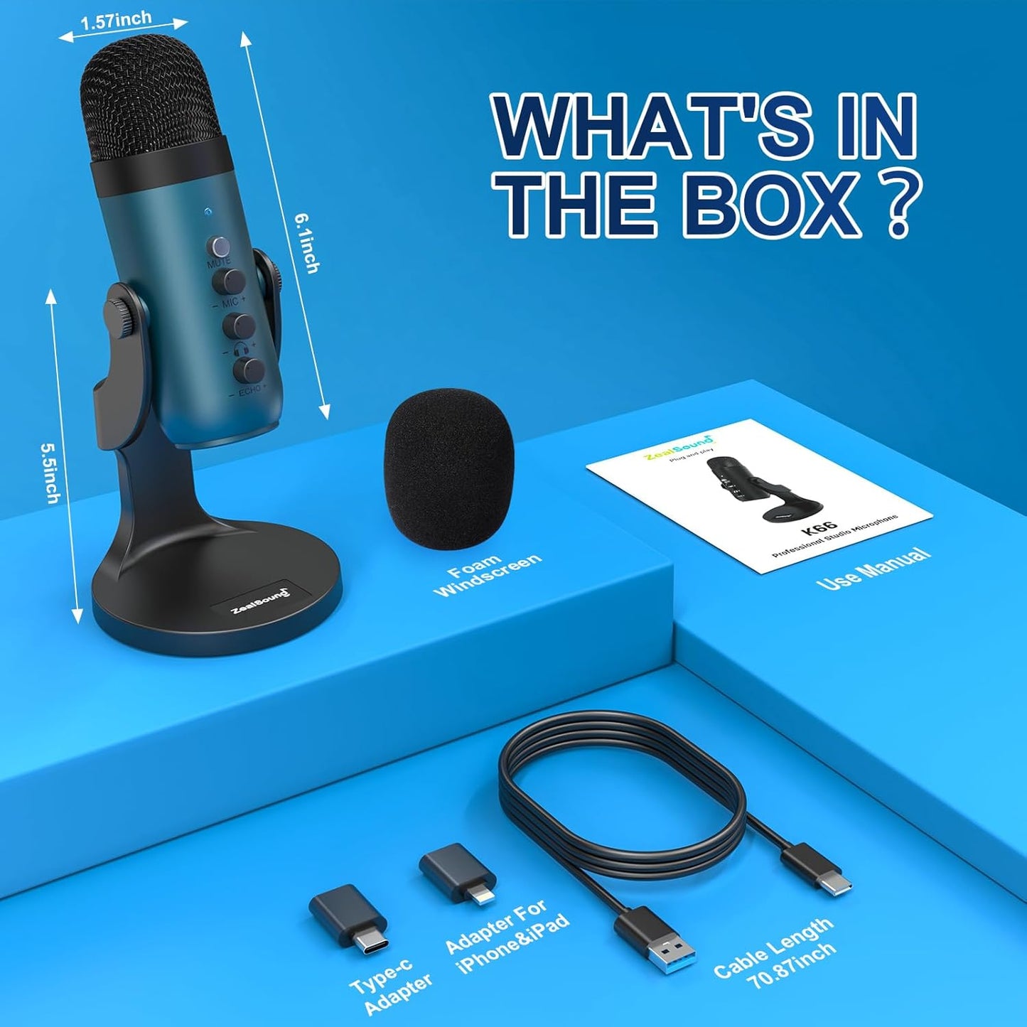 ZealSound USB Microphone,Condenser Phone Computer PC Mic kit,Plug&Play Gaming Microphones for PS 4&5.Mic Gain&Volume Control,Echo &Mute Button for Vocal,Record,Streaming,Discord YouTube Podcast on Mac