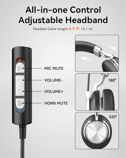 Wantek USB Headset with Microphone for PC, On-Ear Headphones - Computer Laptop Wired Headset with Mic Noise Cancellation & Volume Control for Work Home Office Online Classroom Zoom Skype