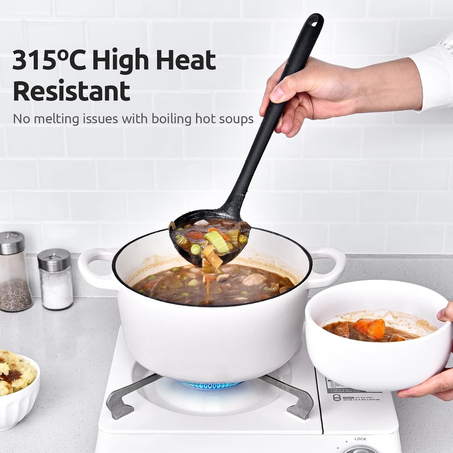13 inch Silicone Soup Ladle: U-Taste 600ºF Heat Resistant 4 oz Large Non-Stick Seamless Rubber Kitchen Deep Serving Spoon with Non-Slip Solid Long Handle for Cooking Sauce/Stews/Gravies/Chili(Purple)
