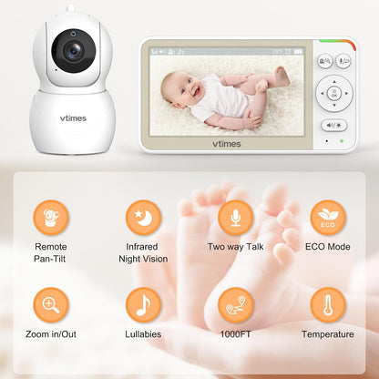 VTimes No WiFi Baby Monitor Camera & Auido, 5" Screen with 30Hr Battery Pan-Tilt-Zoom, VOX Mode, Two-Way Audio, Night Vision, 1000ft Long Range，Temperature Alert, Lullabies,French & English