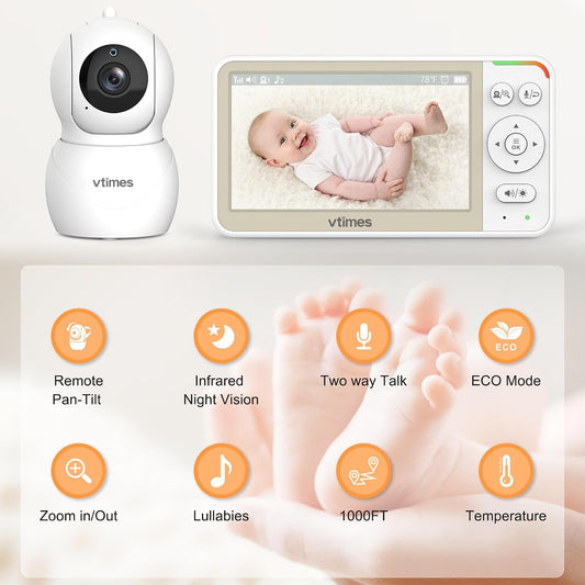VTimes No WiFi Baby Monitor Camera & Auido, 5" Screen with 30Hr Battery Pan-Tilt-Zoom, VOX Mode, Two-Way Audio, Night Vision, 1000ft Long Range，Temperature Alert, Lullabies,French & English