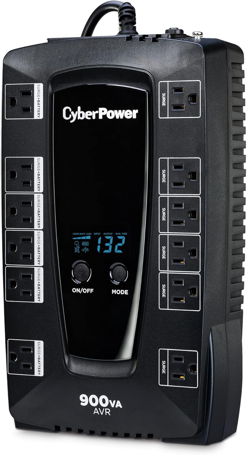 CyberPower AVRG900LCD Intelligent LCD UPS System, 900VA/480W, 12 Outlets, AVR, Compact