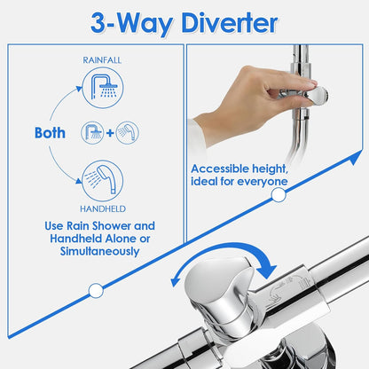 ROVOGO Retrofit Shower System with 7" RainShower, 5-Setting Handheld, 22" Slide Bar with 3-Way Rotary Diverter, Exposed Pipe Shower Column Kit 304 Stainless Steel, Chrome (NOT Include Mixer Valve)