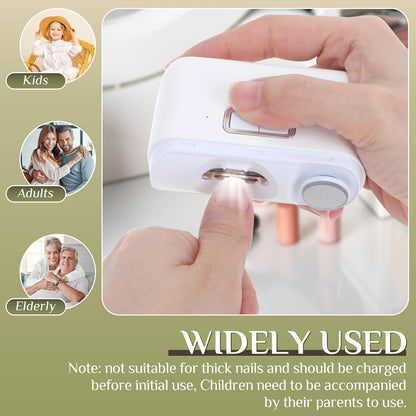 Automatic Electric Nail Clipper 2 in1 Fingernail Cutter and Polisher with LED Light 2 Polish Heads 2 Speeds A Nail Scraps Storage Rechargeable Safety Fingernail Trimmer for Baby Kids Elderly Nail Care